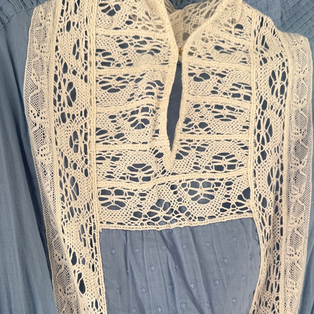 LoveShackFancy Blue Mini Dress with White Lace Trim - Picture 7 of 7